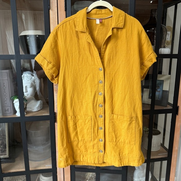 Pilcro linen tshirt dress mustard button down short sleeve collar lapel loose - Picture 2 of 10